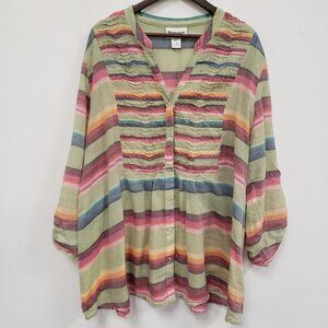 Potpourri Womens Rainbow Striped Boho Button Up Top Size 2X Cotton Southwestern